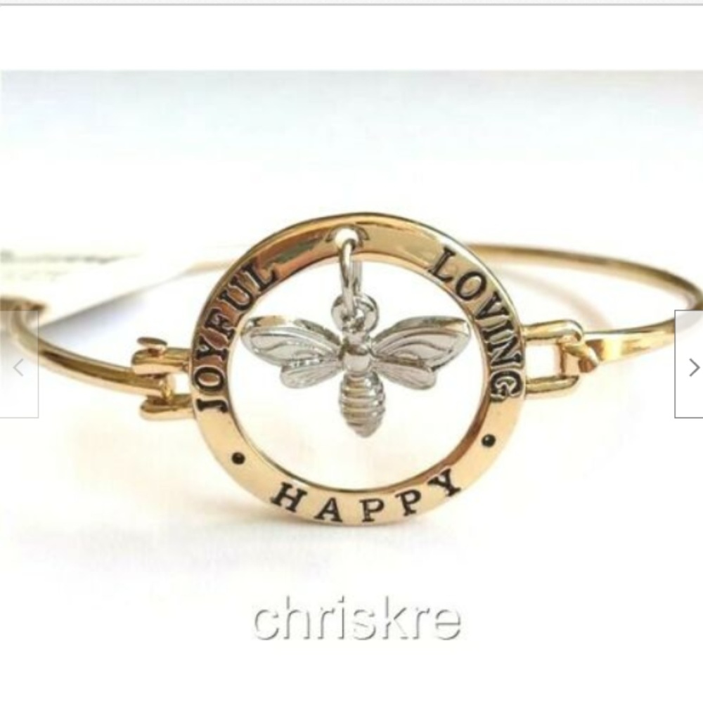 Bumble BEE HAPPY Bracelet Bangle Message Joy Love Gold Plated 2 Tone